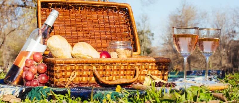Coș de picnic cu pâine, struguri și două pahare de vin, pe o pătură în iarbă