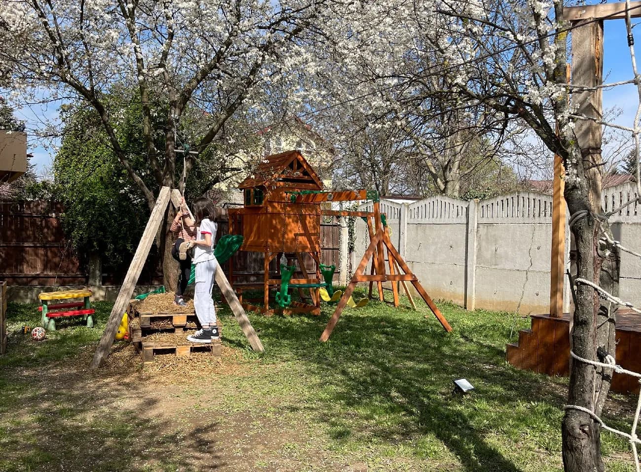 Turnul de lemn cu tobogan, leagănele și tiroliana, în curtea înflorită primăvara