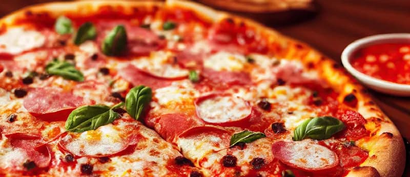 Pizza tăiată felii, pe o masă de lemn
